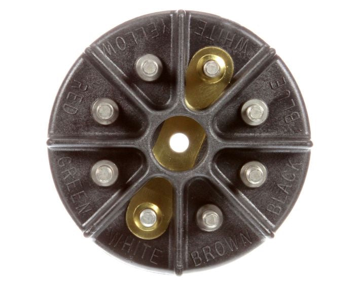 Round electrical connector with color-coded slots on a white background
