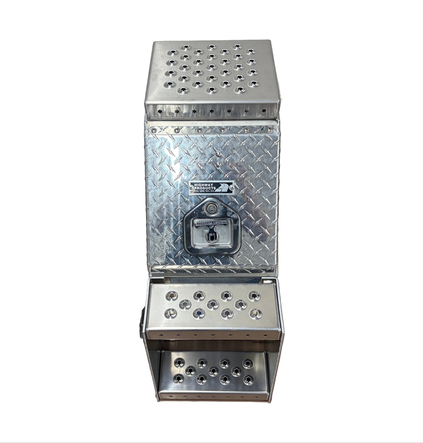 Metal step box with diamond plate pattern on a white background.