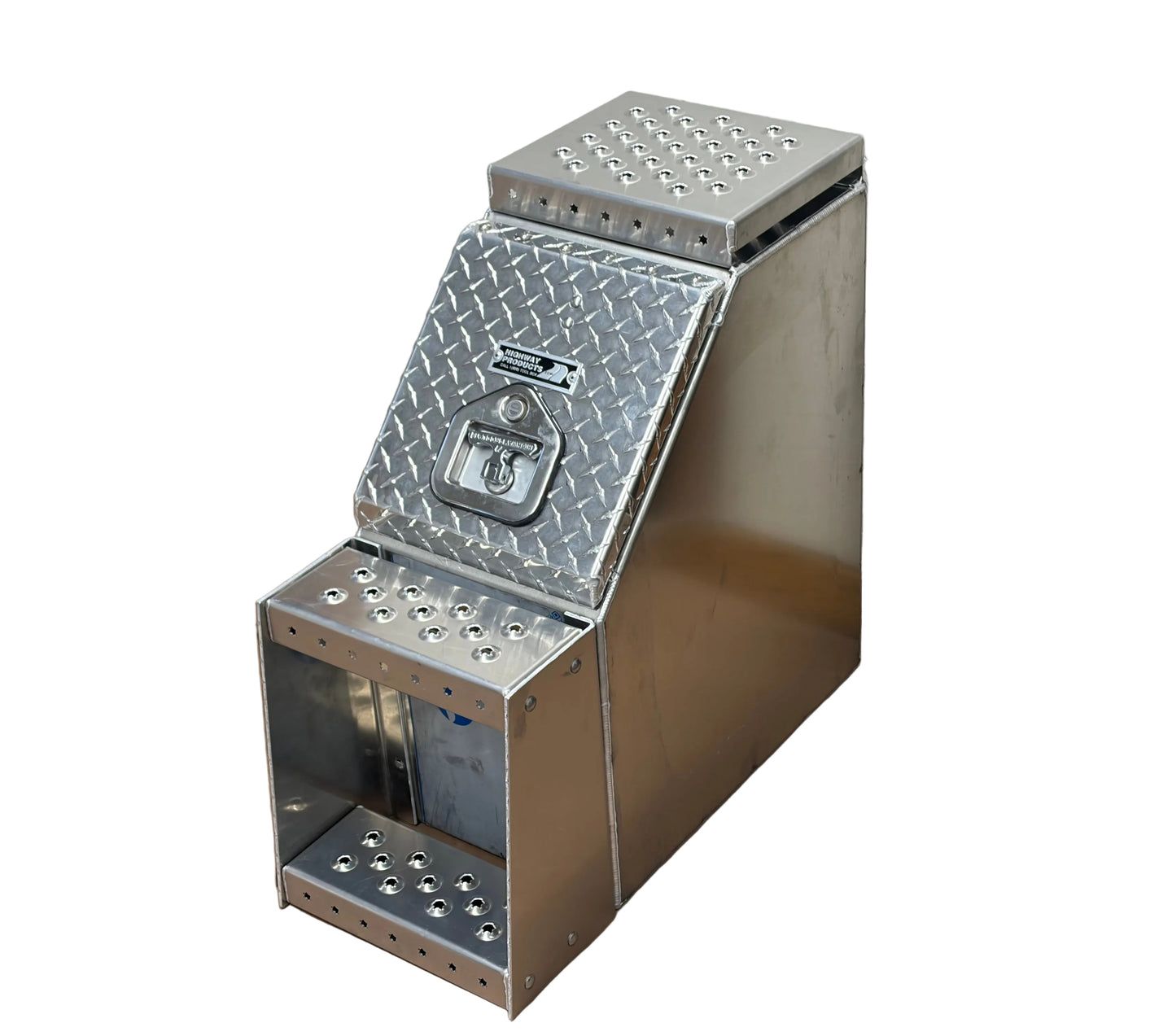 Metal step box with diamond plate pattern on white background 