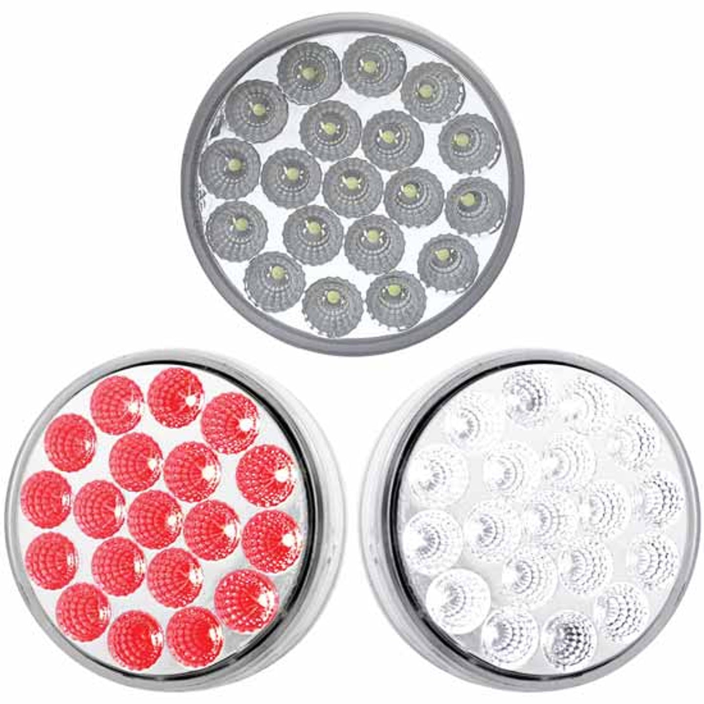 Three round LED lights with different color patterns on a white background