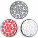 Three round LED lights with different color patterns on a white background