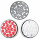 Three round LED lights with different color patterns on a white background