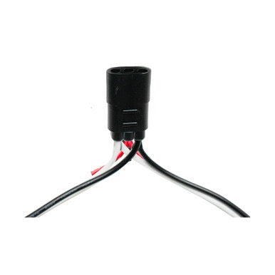 Black electrical connector with wires on a white background