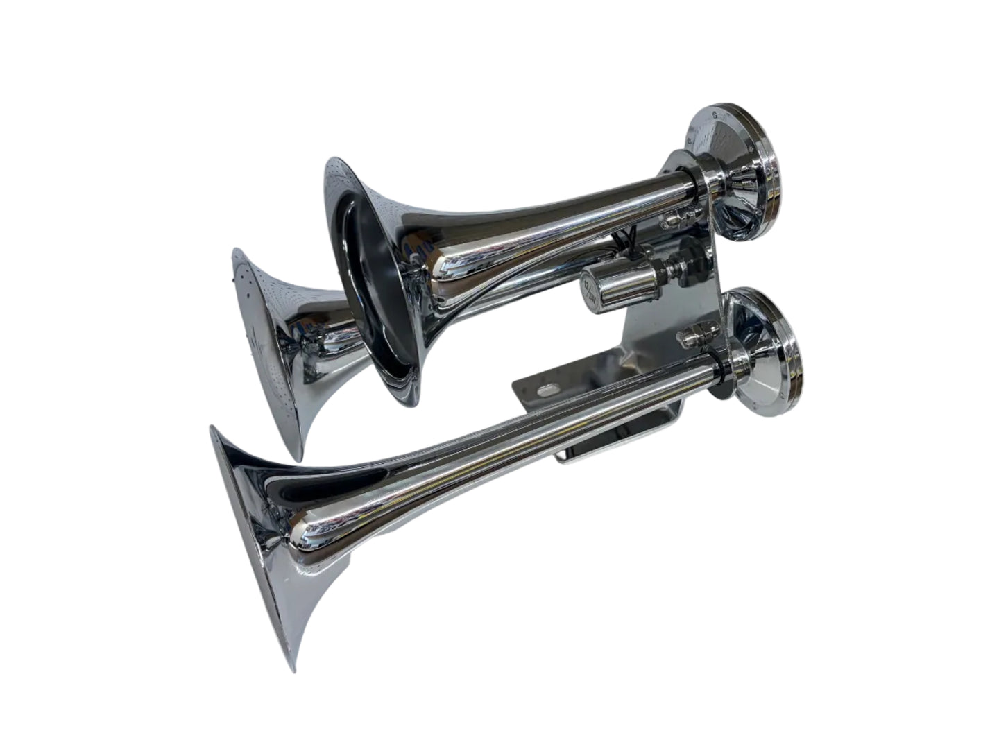 three trumpet chrome horns on a white background