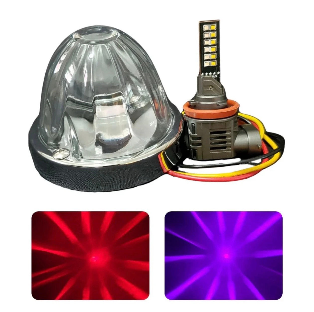 Glass watermelon light with H11 bulb showing it is red or purple light