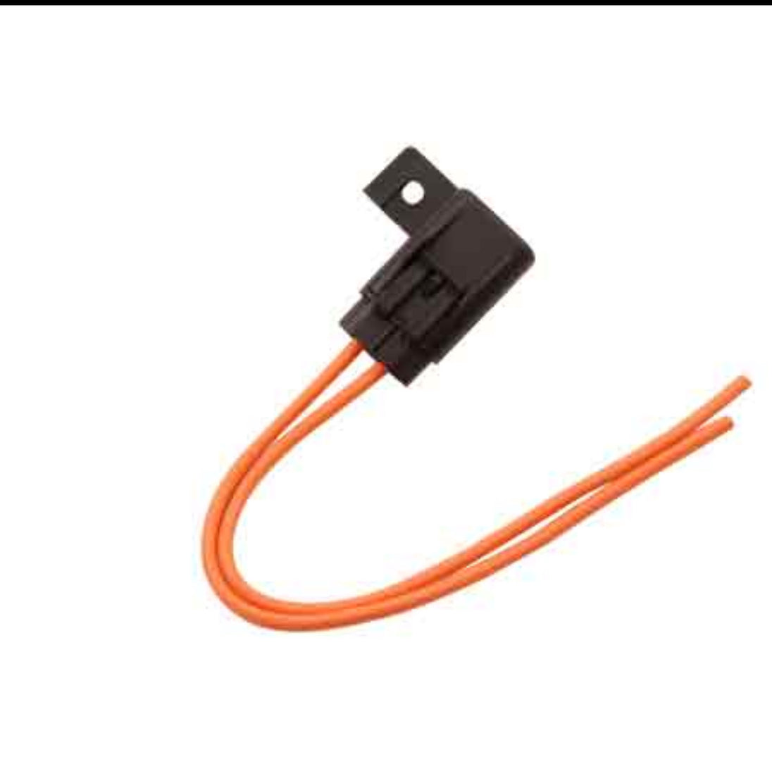Black electrical connector with orange wires on a white background