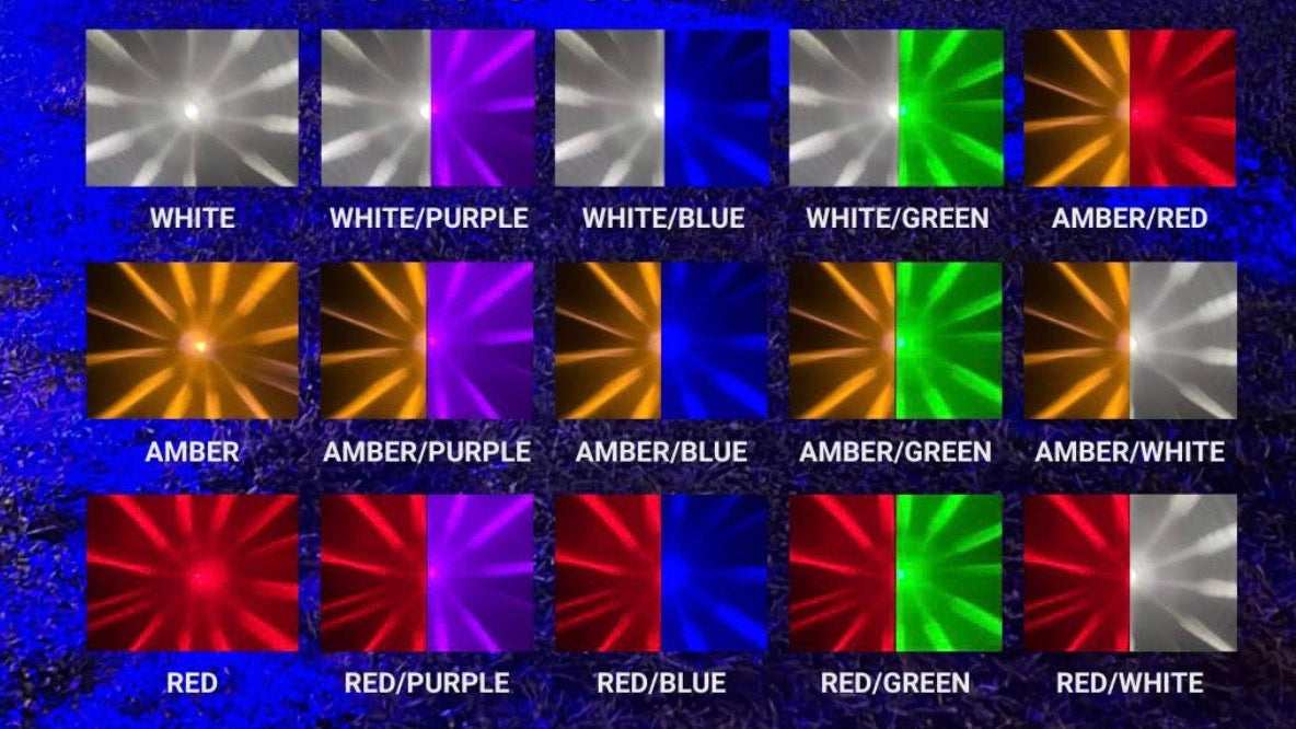 Color combinations with star patterns for watermelon lights displayed in a grid with labels on a blue background