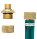 Brass plumbing fitting and green valve on a white background