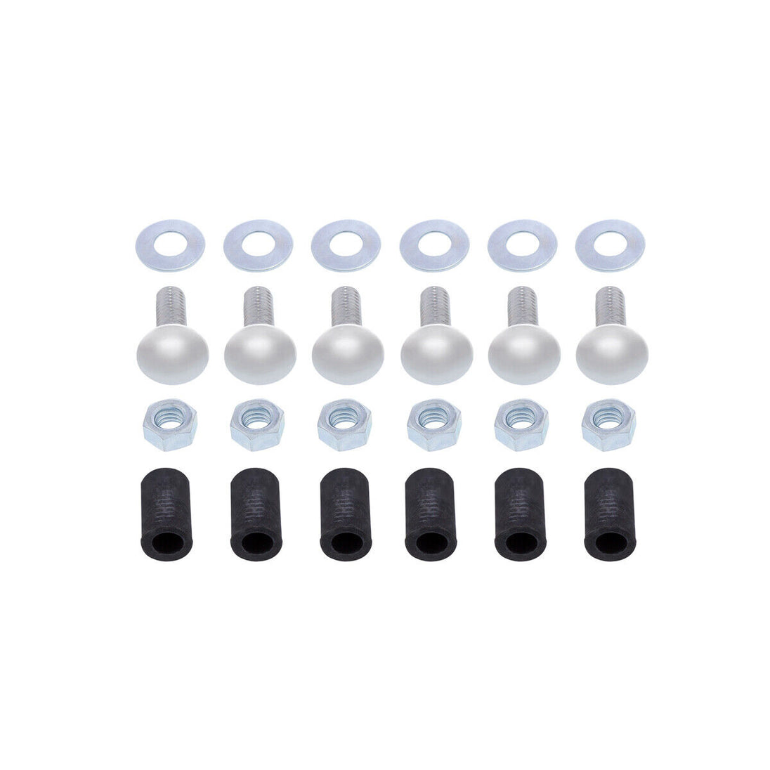 Set of bolts, washers, and black rubber bushings on a white background