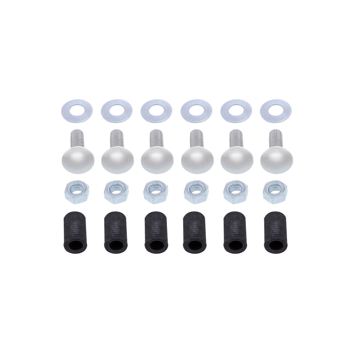 Set of bolts, washers, and black rubber bushings on a white background