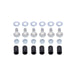 Set of bolts, washers, and black rubber bushings on a white background