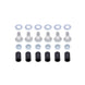 Set of bolts, washers, and black rubber bushings on a white background