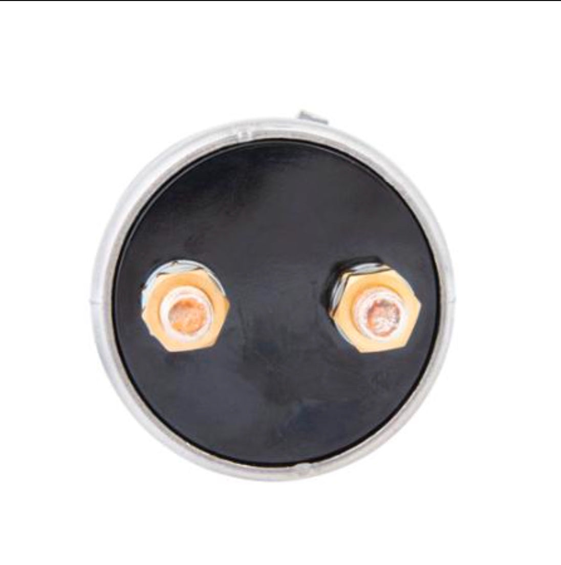 Black circular object with gold hexagonal connectors on a white background