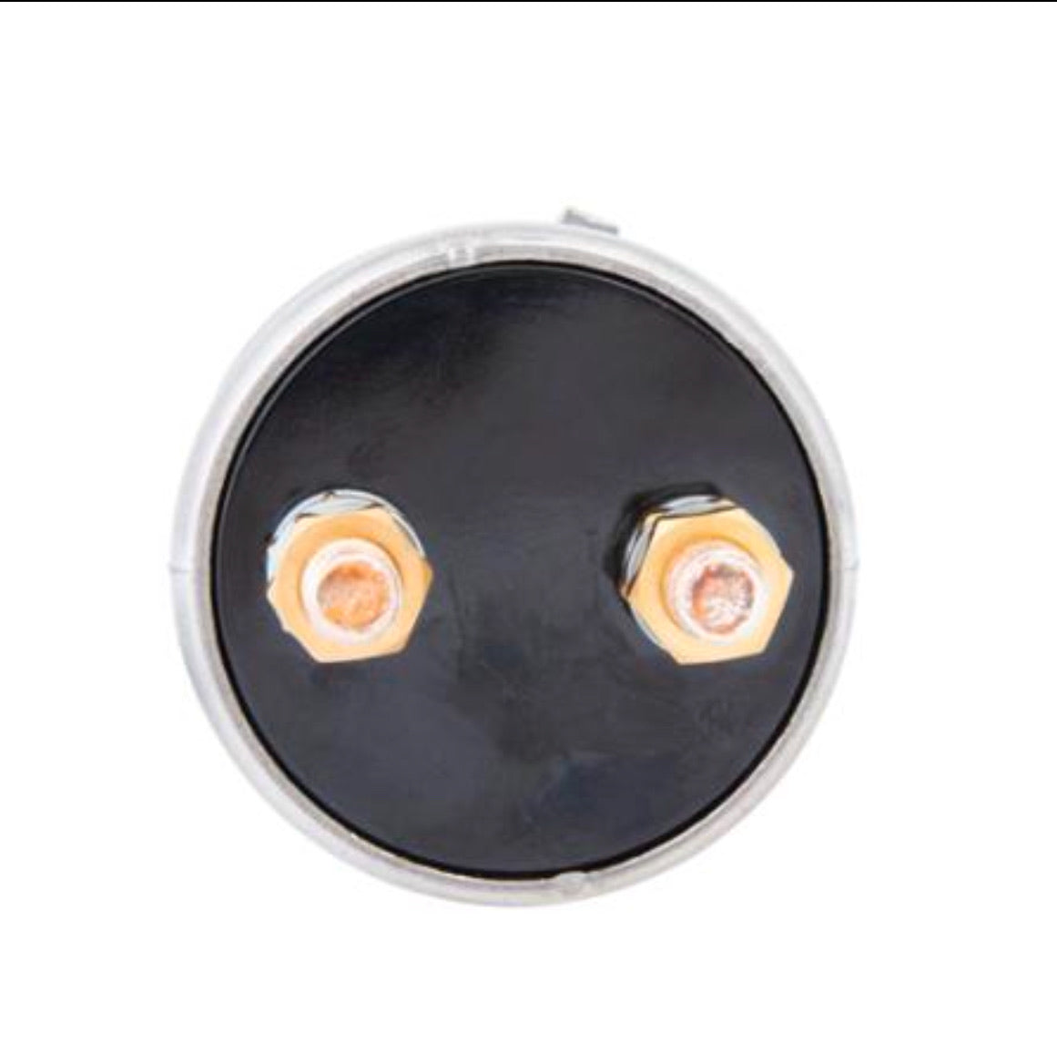 Black circular object with gold hexagonal connectors on a white background