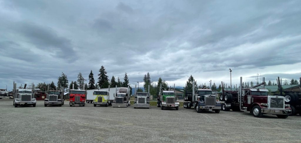 Row of trucks parked on a gravel lot with a cloudy sky.