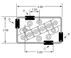 Technical drawing of a rectangular component with dimensions labeled