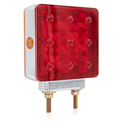 Rectangular red safety light with metallic base on a white background