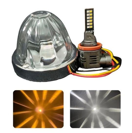 Car headlight bulb with clear lens and amber and white star light pattern on a white background.