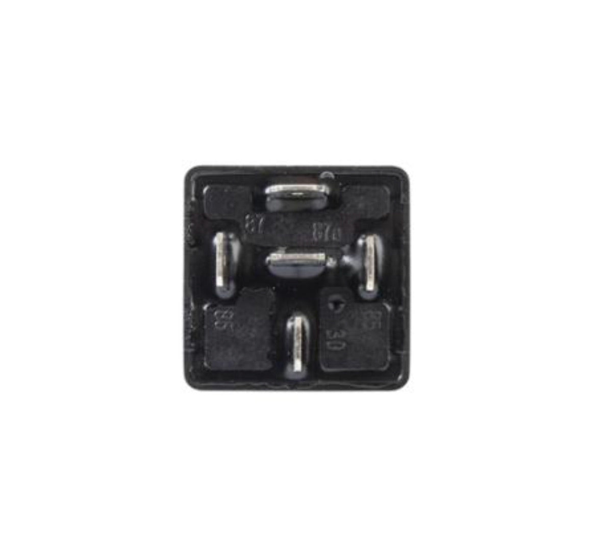 Black plastic component with metallic pins on a white background