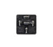 Black plastic component with metallic pins on a white background