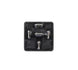 Black plastic component with metallic pins on a white background
