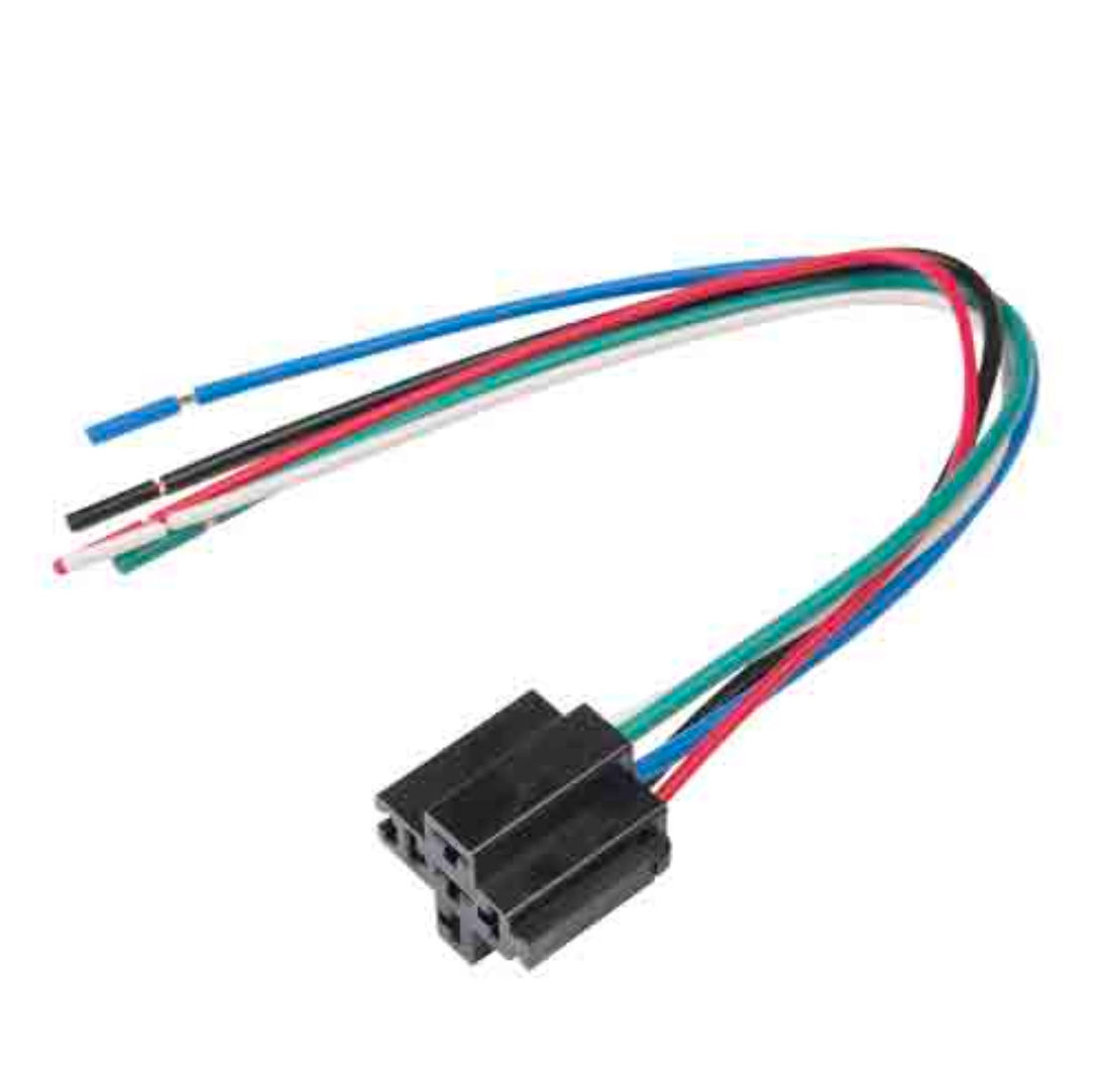5 pin relay harness with colored wires and a black connector on a white background
