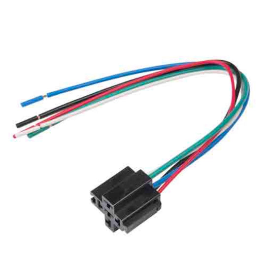 5 pin relay harness with colored wires and a black connector on a white background