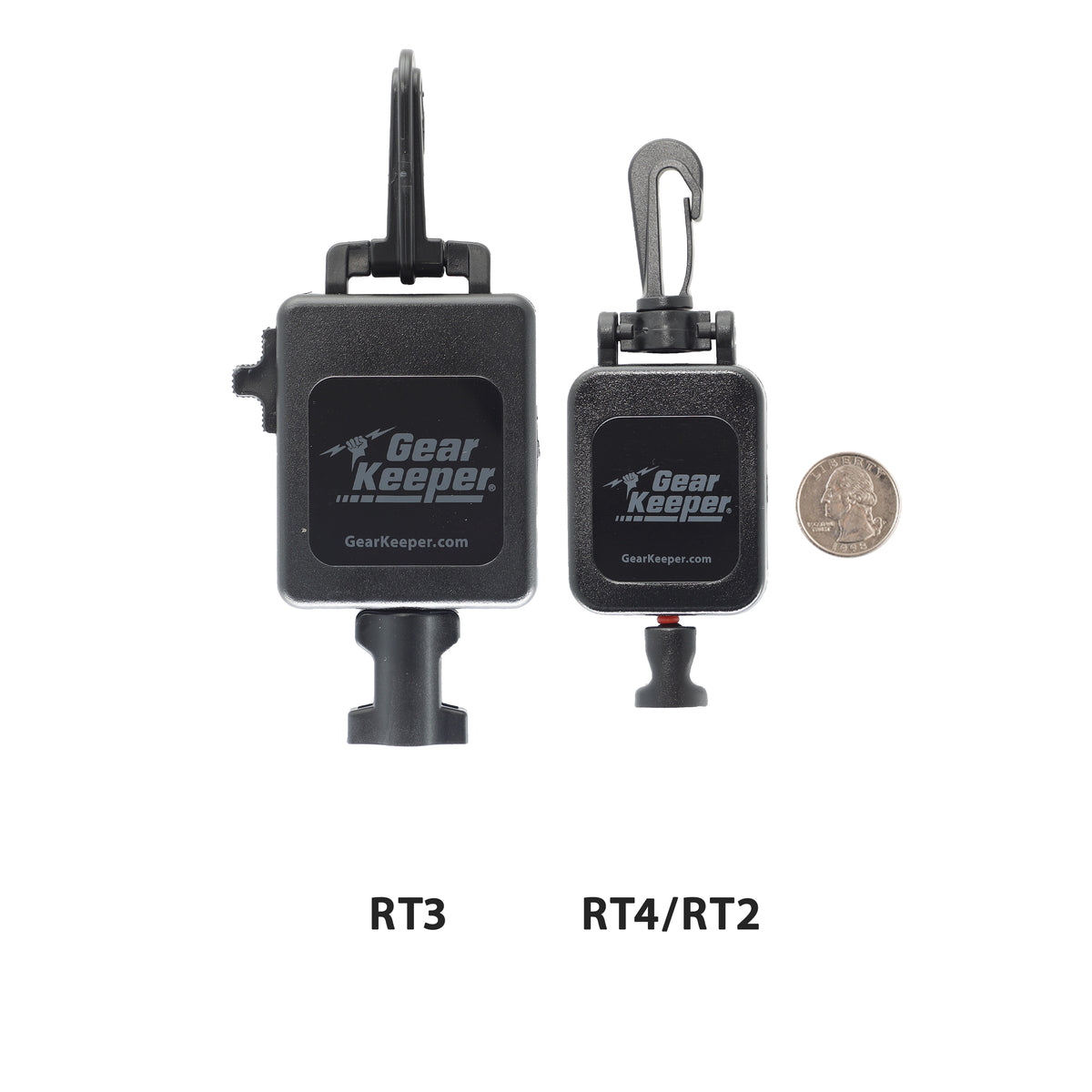 Two black Gear Keeper electronic devices shown side by side on a white background, labeled RT3 and RT4/RT2, with a coin for scale next to one unit.