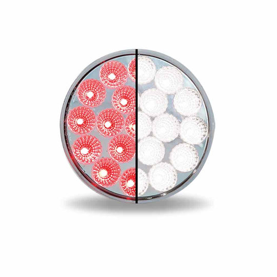 Split view of red and white light-emitting diodes (LEDs) on a white background
