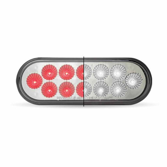 Oval LED lightbar with red and clear lenses on a white background