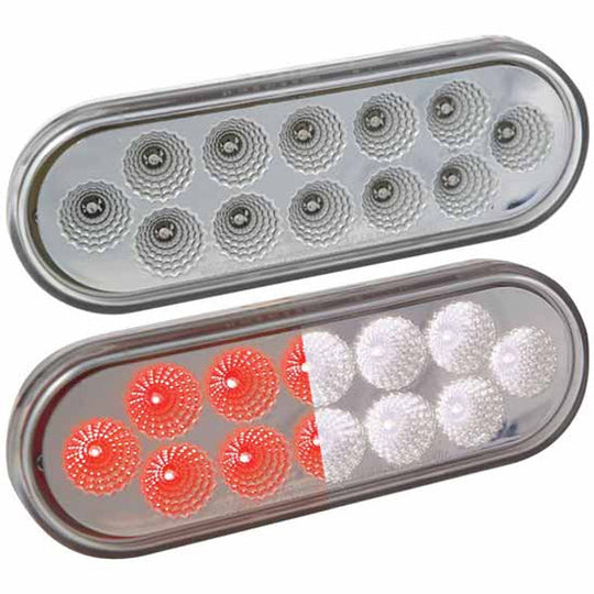 Two oval LED lights with red and white bulbs on a white background