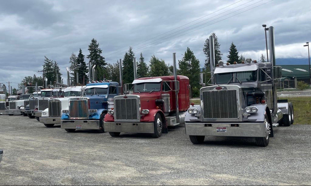 Row of large trucks parked in a lot with trees and power lines in the background.
