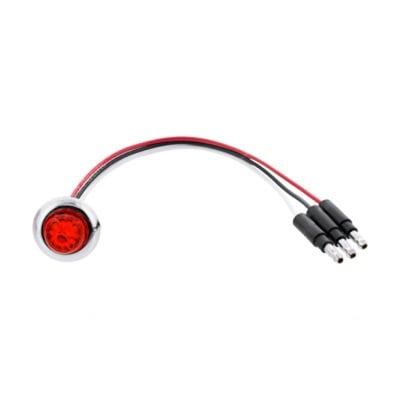 Small round red light with wiring on a white background