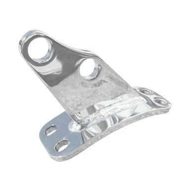 A polished silver metal bracket with two circular mounting holes on one end and two screw holes on the other, shown on a plain white background.
